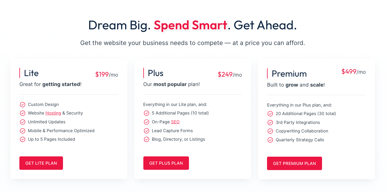 A screenshot of our pricing packages. 